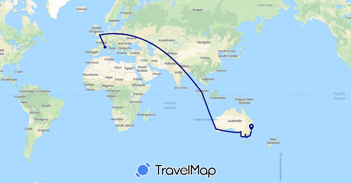 TravelMap itinerary: driving in Australia, France, United Kingdom, Malaysia (Asia, Europe, Oceania)